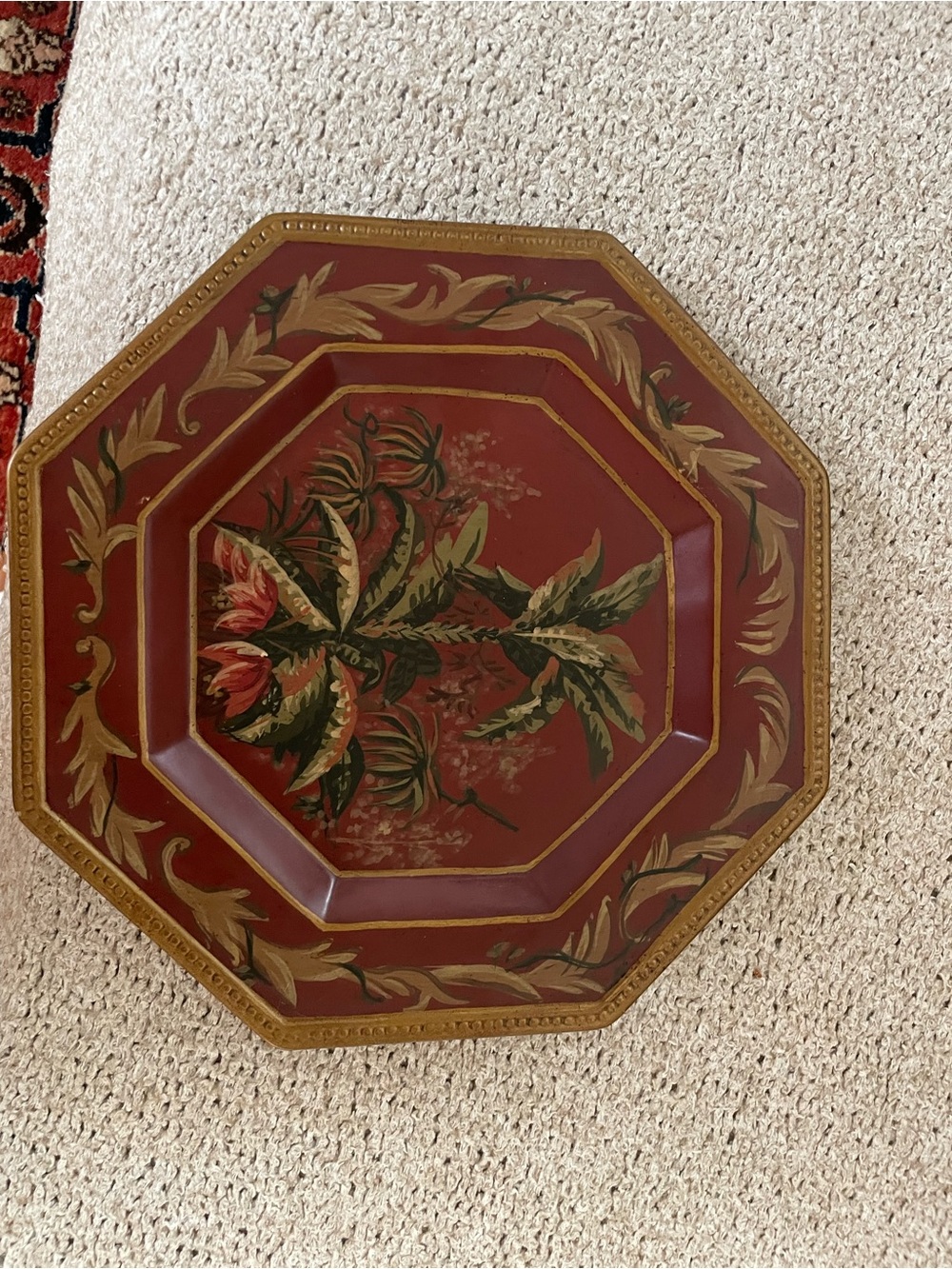 Octagonal Hand-Painted Floral Tray in Deep Red and Gold